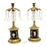 A pair of gilt metal, cut glass and Jasperware candlesticks,