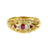 A Victorian 18ct gold ruby and diamond five stone boat shaped ring
