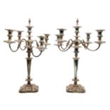 A pair of silver plated four branch candelabra,