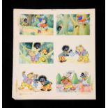A page of six Noddy illustrations, including Noddy climbing a tree with a sack of buttons