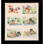 A page of six Noddy illustrations, including Noddy dropping a sack of rocks in a river