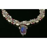 A Continental white gold black opal triplet, diamond and cultured freshwater pearl necklace,