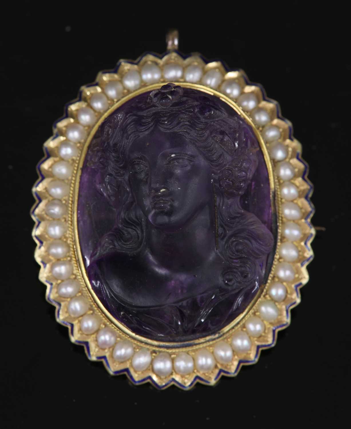 A Victorian gold carved amethyst cameo and split pearl brooch, - Image 2 of 2