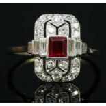 An Art Deco ruby and diamond plaque ring,