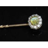 A cased Edwardian chrysoberyl cat's eye and diamond cluster stick pin/dress stud,