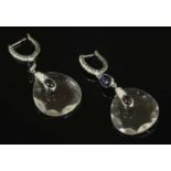 A pair of Continental white gold rock crystal quartz, sapphire and diamond drop earrings,