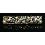 A Continental two colour gold diamond, fancy diamond and pearl foliate plaque brooch, c.1935-1945,,