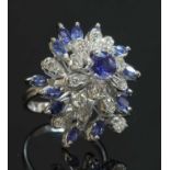 A white gold sapphire and diamond cocktail cluster ring, c.1970,