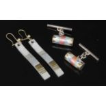 A pair of ceramic and gold plaque drop baton earrings,