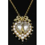 A Victorian gold, split pearl and diamond entwined hearts pendant, c.1870,