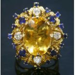 A Continental gold citrine, sapphire and diamond cocktail ring, c.1950,