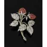 An Austrian gold and platinum, ruby and diamond strawberry spray brooch, c.1950,
