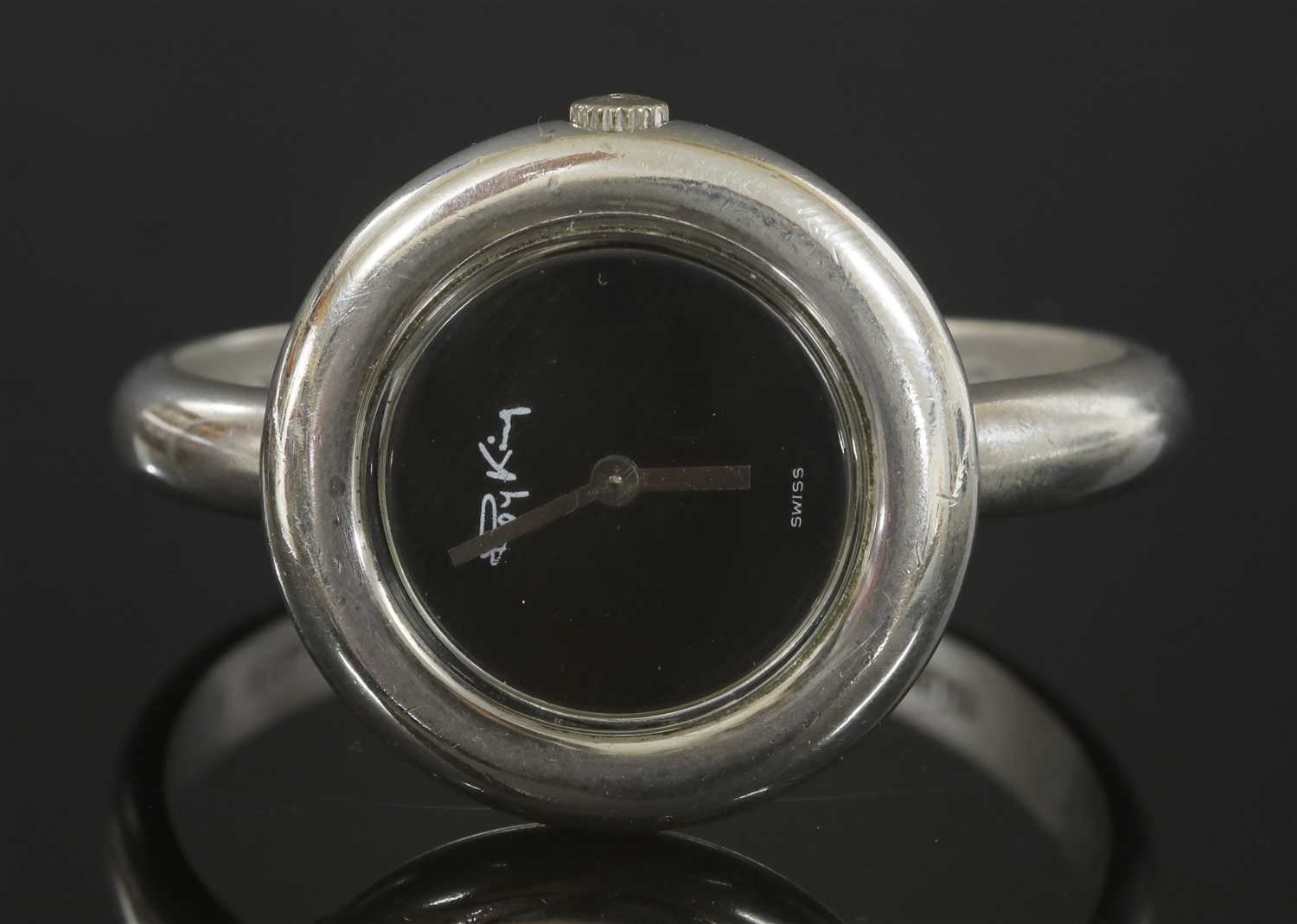A ladies' sterling silver mechanical bangle watch by Roy King, c.1975,
