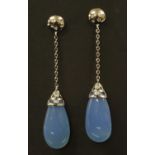 A pair of Continental white gold stained chalcedony and diamond drop earrings,
