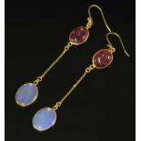 A pair of gold tourmaline and opal drop earrings,