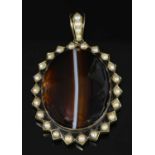 A Victorian gold, agate, split pearl and enamel pendant,
