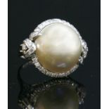 A platinum mabé pearl and diamond cocktail ring,