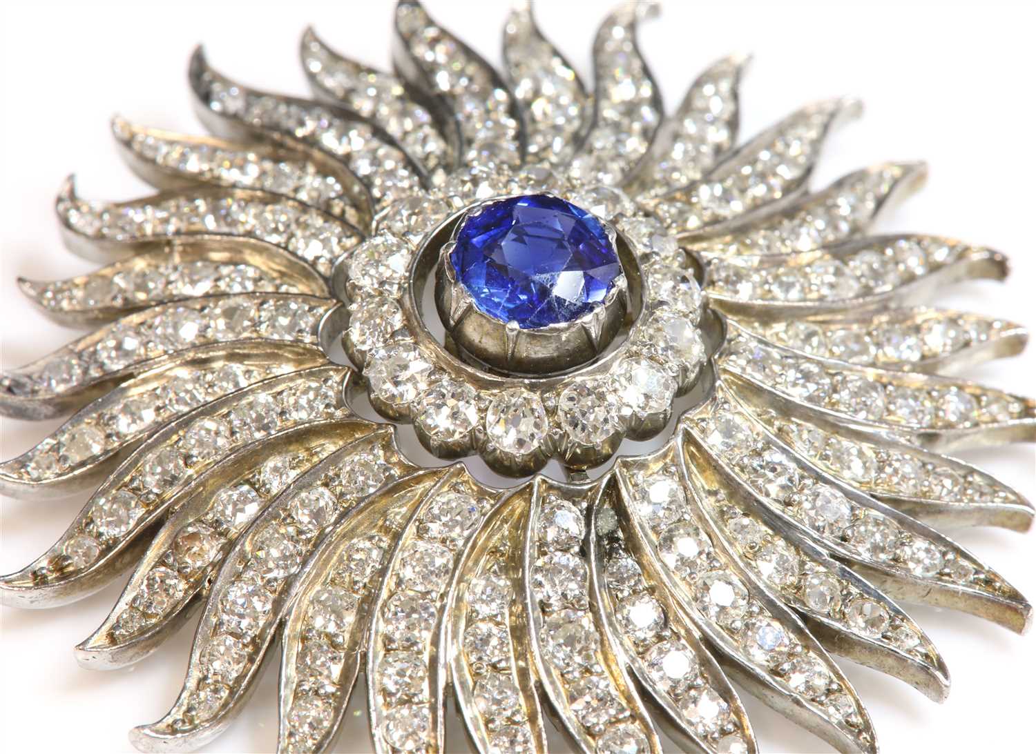 A late Victorian sapphire and diamond sunburst brooch/pendant, c.1890, - Image 3 of 3