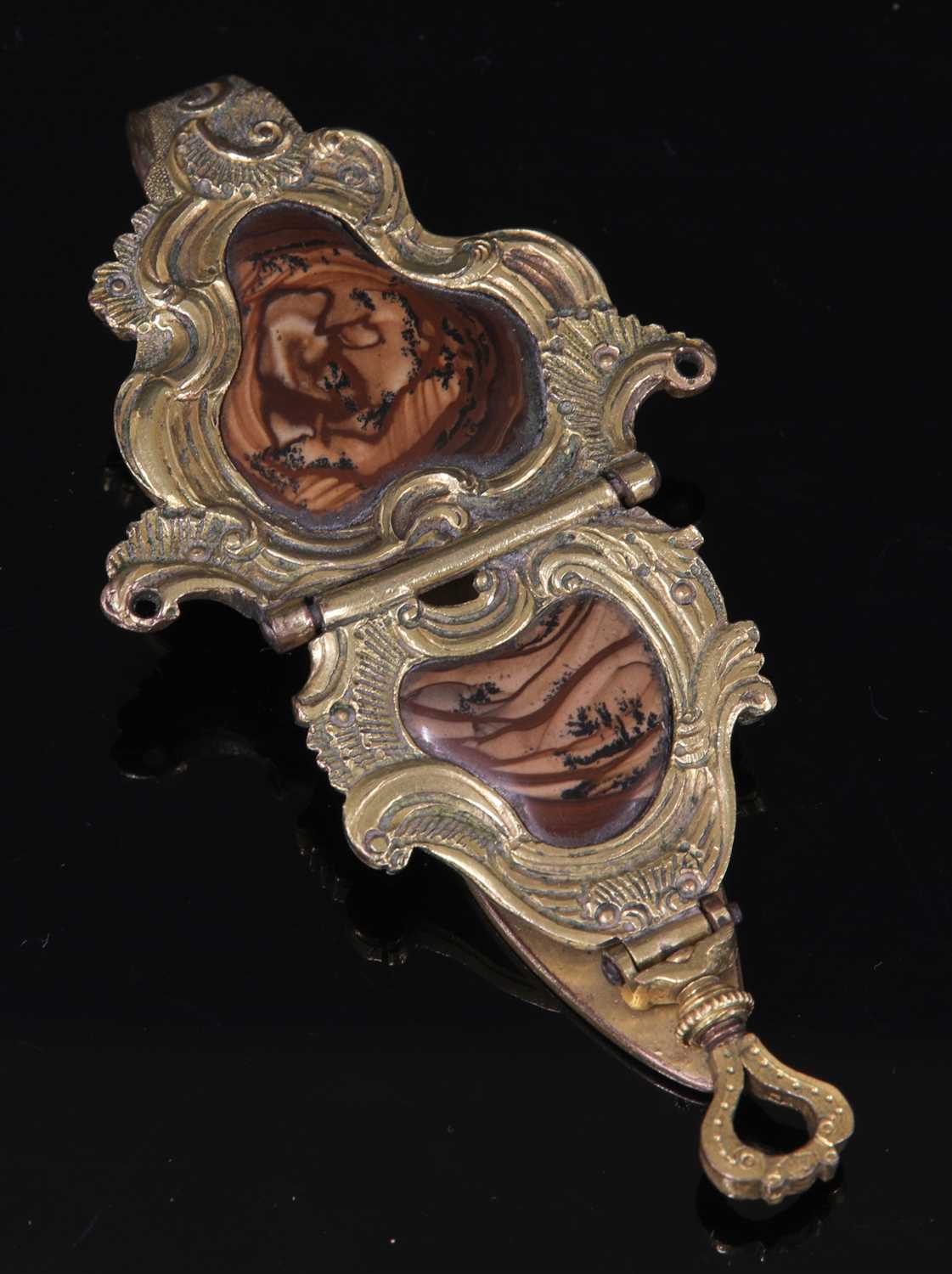 A George II gilt metal and agate rococo chatelaine hook, c.1740,