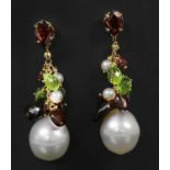 A pair of Continental gold tourmaline, peridot and cultured pearl drop earrings,