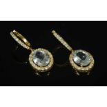 A pair of Continental white gold aquamarine and diamond drop earrings,