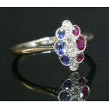 A diamond, sapphire and ruby marquise-shaped cluster ring, c.1915,