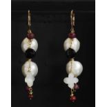 A pair of Continental gold cultured pearl and ruby tassel drop earrings,