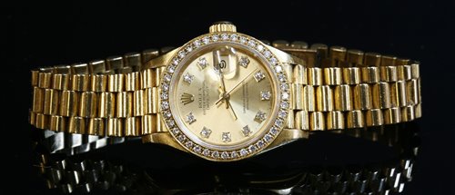 A ladies' 18ct gold Rolex Oyster Perpetual Datejust automatic bracelet watch, c.1989,