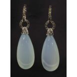 A pair of Italian white gold stained chalcedony and treated diamond drop earrings,