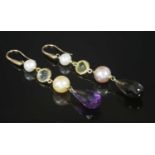 A pair of Italian asymmetric gold quartz and cultured freshwater pearl drop earrings,