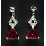 A pair of 18ct yellow and white gold rubellite tourmaline and diamond drop earrings,