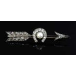 A cased Victorian pearl and diamond arrow and horseshoe brooch, c.1890,