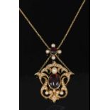 A cased Edwardian cabochon garnet and split pearl pendant, c.1910,