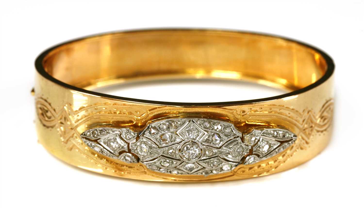 A French diamond set platinum and gold hinged bangle, - Image 2 of 2