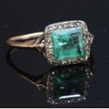 A Georgian foiled emerald and diamond square cluster ring,