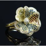 An 18ct gold multicoloured treated diamond flower head cluster ring,