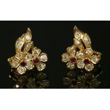 A pair of synthetic ruby and diamond spray earrings,