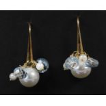 A pair of Continental gold cultured freshwater pearl and blue topaz drop earrings,