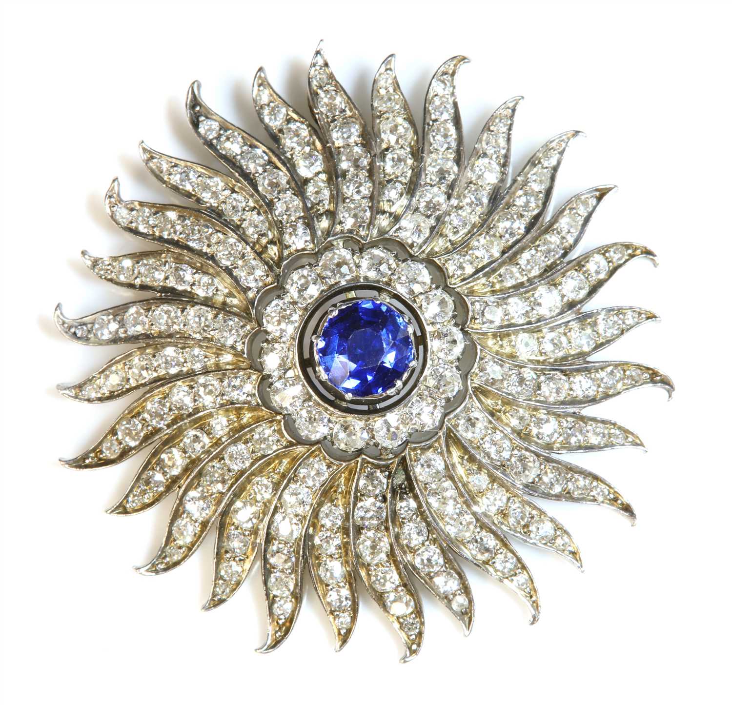 A late Victorian sapphire and diamond sunburst brooch/pendant, c.1890, - Image 2 of 3