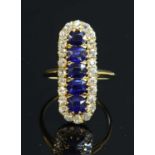 An Edwardian five stone sapphire and diamond cluster fingerline ring, c.1905,