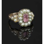 A cased Georgian pink topaz and split pearl cluster ring,