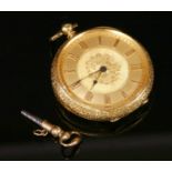 A Swiss 18ct gold key wound open faced fob watch,