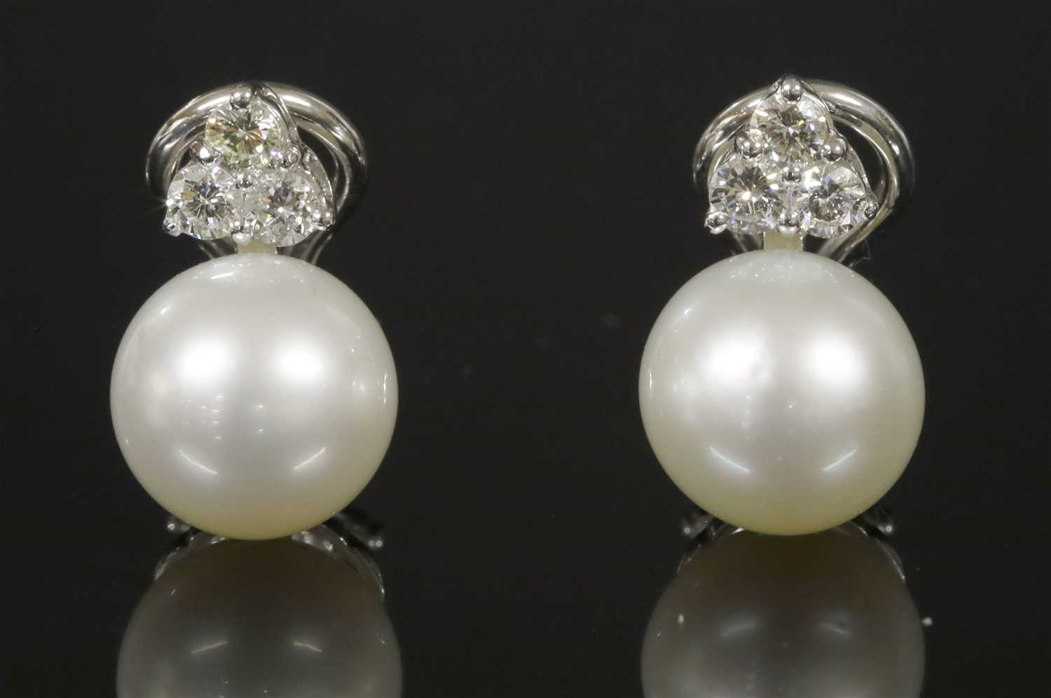 A pair of Italian white gold cultured South Sea pearl and diamond drop earrings,