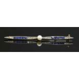 An Art Deco gold and platinum pearl, sapphire and diamond propeller form bar brooch, c.1920,