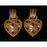 A pair of Italian gold ruby and diamond heart-shaped drop earrings, c.1980,