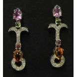 A pair of white gold diamond and assorted gemstone drop earrings,
