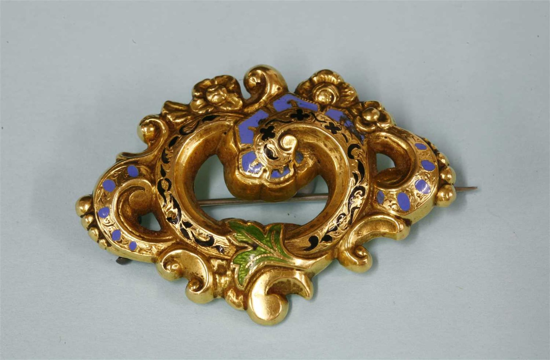 A Victorian gold and enamel scrolling foliate brooch, - Image 2 of 2