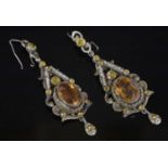 A pair of Austro-Hungarian silver gilt citrine, paste and seed pearl drop earrings, c.1900,