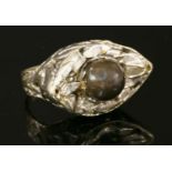 A white gold cultured pearl and diamond marquise-shaped ring, c.1970,