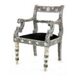An Indian mother-of-pearl mounted and inlaid open armchair,